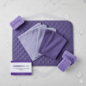 CleanBoss by JOY Anti-Microbial 25-Piece Cleaning Set in purple, showing the microfiber cloths and sponges arranged on the drying mat.