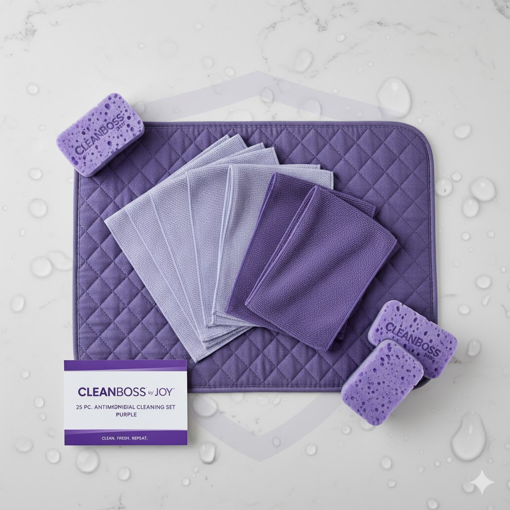 CleanBoss by JOY Anti-Microbial 25-Piece Cleaning Set in purple, showing the microfiber cloths and sponges arranged on the drying mat.