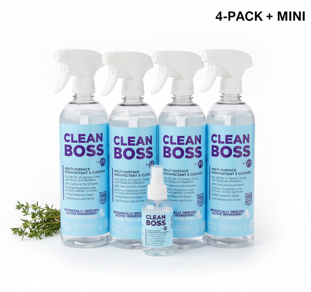 CleanBoss by Joy Multi-Surface Disinfectant Cleaner Spray 4-Pack with Mini Bottle Thyme Scent